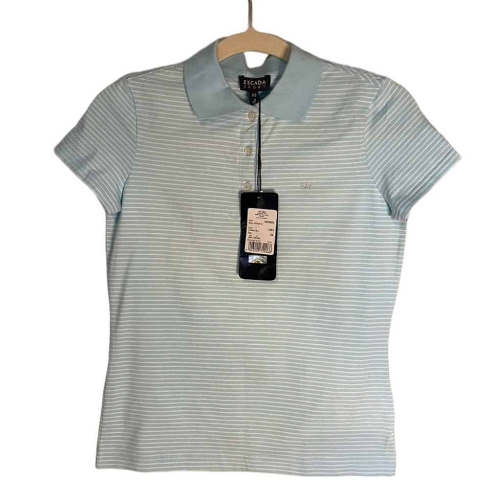 Escada Sport Pastel Blue Striped Polo w/ Swarovski Monogram - XS